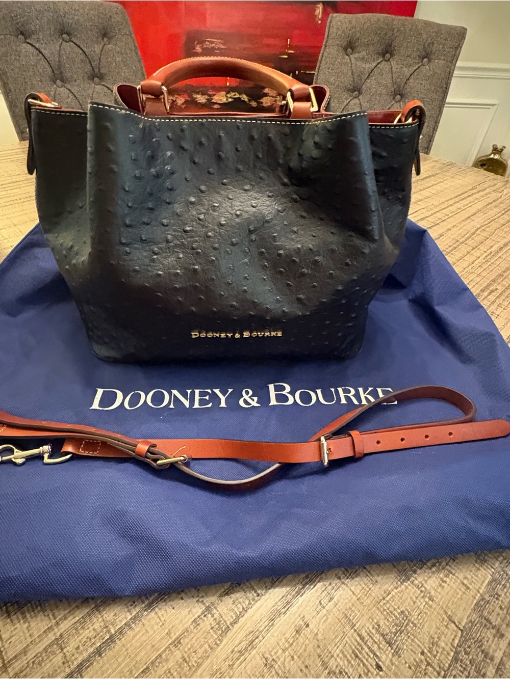 Dooney & Bourke Large Barlow Bag Brown Tmoro/Black Ostrich with dust bag